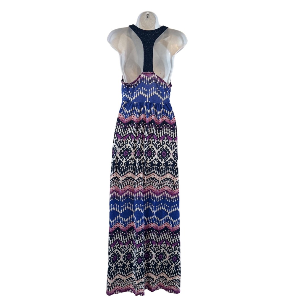 Boho Lucky Brand Cotton Blend Blue Purple Geometric Racerback Maxi Dress Large - Picture 2 of 10